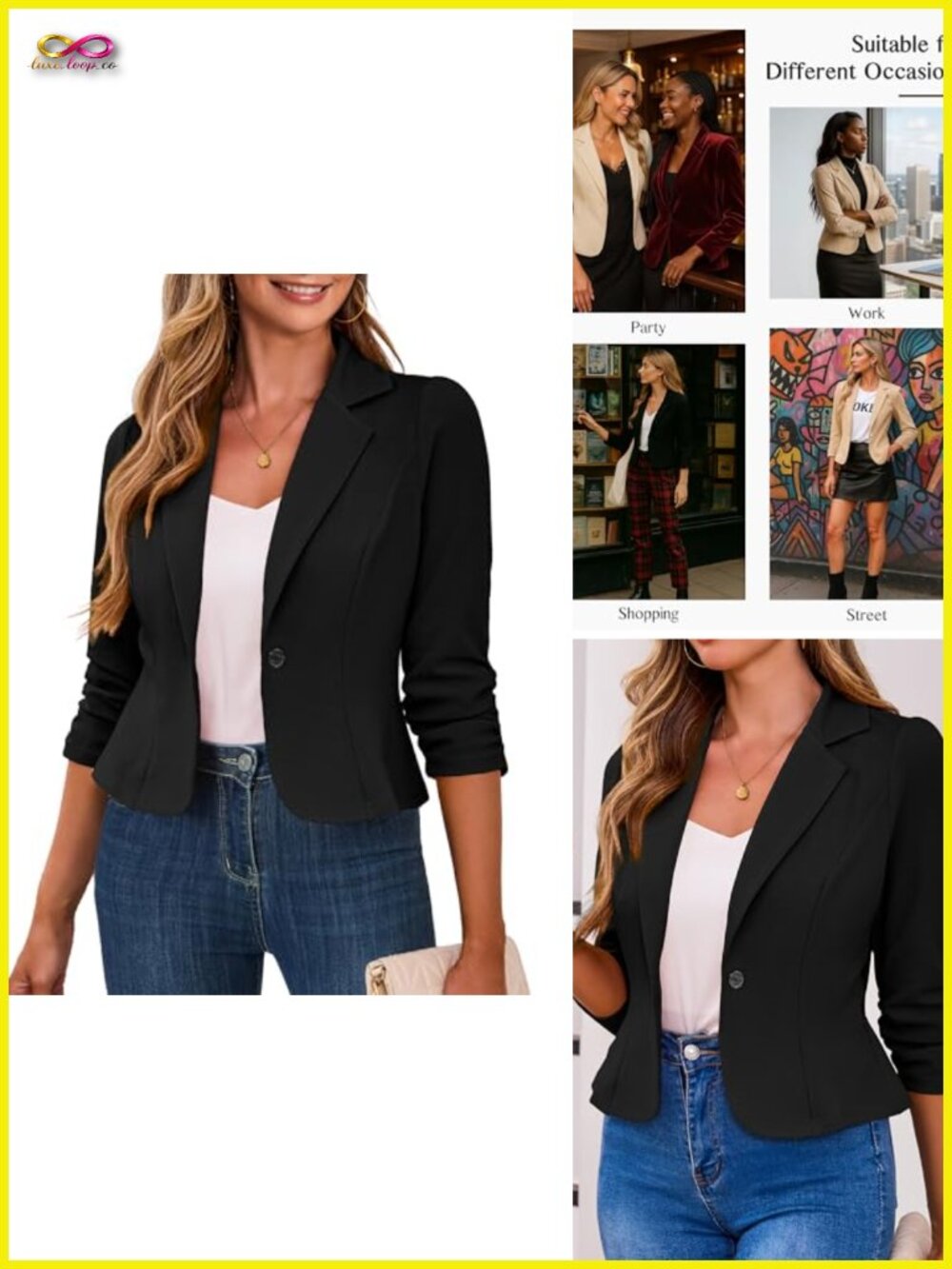 Cropped Blazer with 3/4 Ruched Sleeve Notch Lapel Office Wear Lightweight Jacket